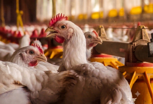 Gros plan sur des poulets dans un bâtiment d'élevage de volailles